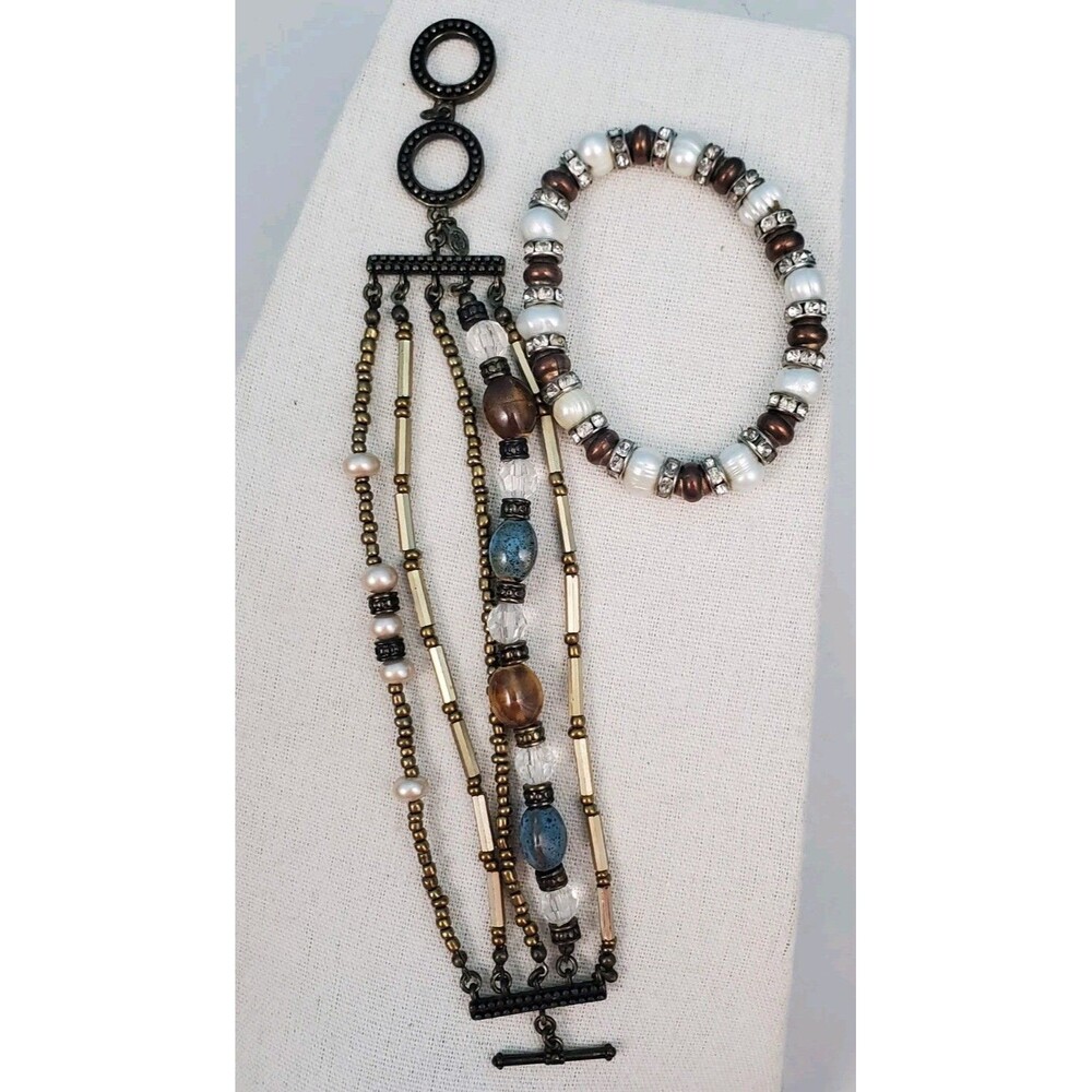 Modern Boho Bracelet Set Rhinestone Rondelles Faux Pearl Stretch & Toggle Multi